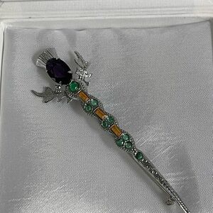 Vintage Mizpah Celtic Scottish Sword Brooch Kilt Pin with Purple Glass Cabochon